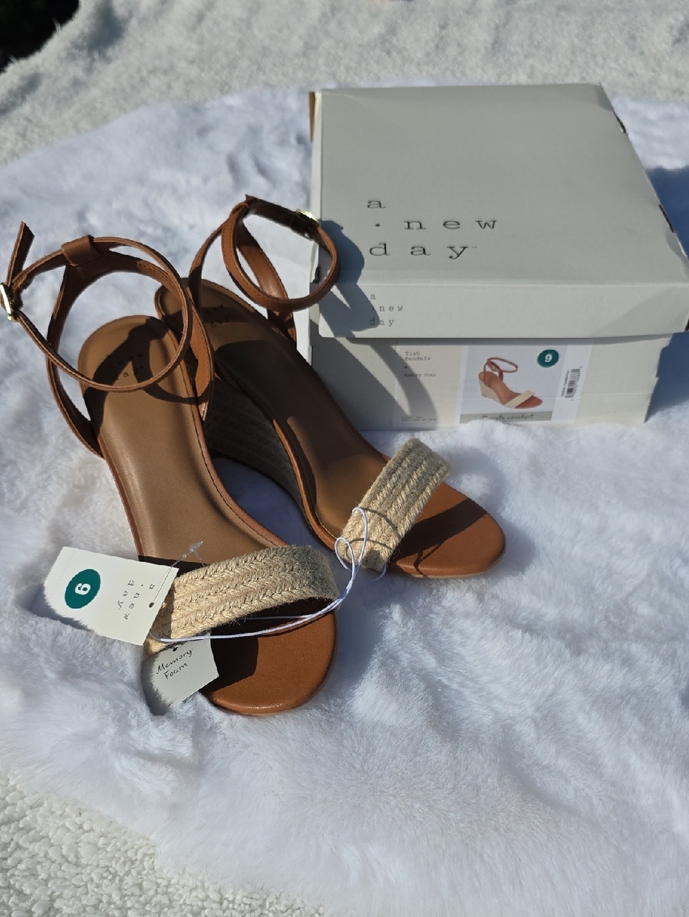 NWT Tan Natural Ankle Strap Espadrille Wedge Sandals Brown Heels Faux Leather 9 - Picture 9 of 17